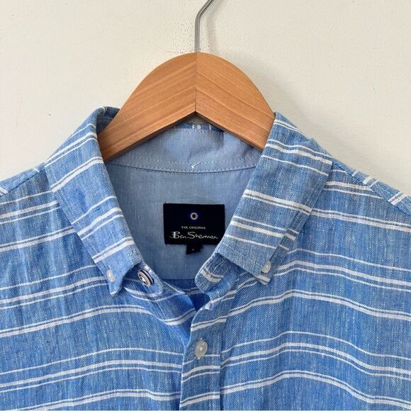 Ben Sherman Blue White Linen Blend Long Sleeve Button Down Shirt - Picture 13 of 13